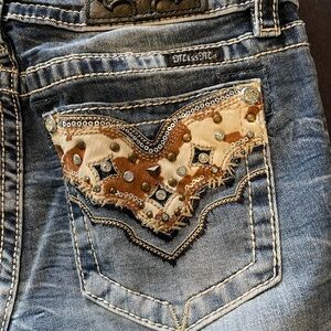 Miss Me Blue Denim Jeans with Embellished Tan & Brown Patch Pocket